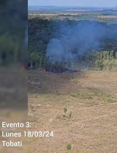 Entre Tobatí y 1° de marzo localizaron  el tercer incendio bajo la línea de 500 kV de la ANDE, el lunes último.