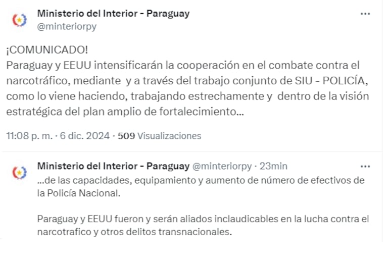 Publicaciones de la red social X de la cuenta oficial del Ministerio del Interior.