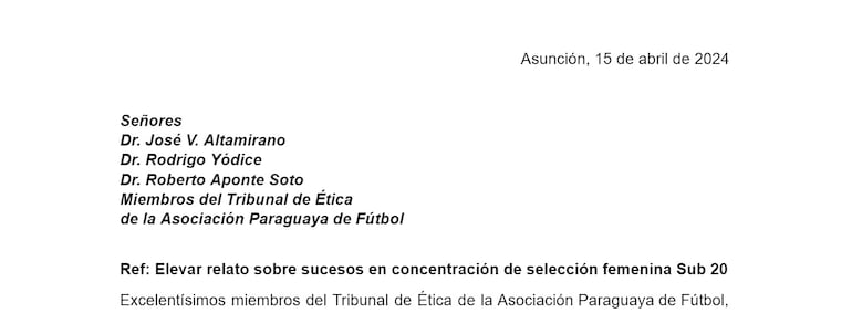 Encabezado de la nota de denuncia que fue redactada por el club Olimpia el pasado 15 de abril. Supuestamente, para revisión de sus asesores jurídicos, demoraron 9 días en presentarla.