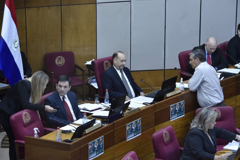 El senador liberal José "Pakova" Ledesma (izq.) conversa con el senador Óscar "Cachito" Salomón (ANR, FR).