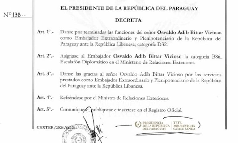 Captura del decreto por el cual se destituyó a Bittar de la embajada ante el Líbano.