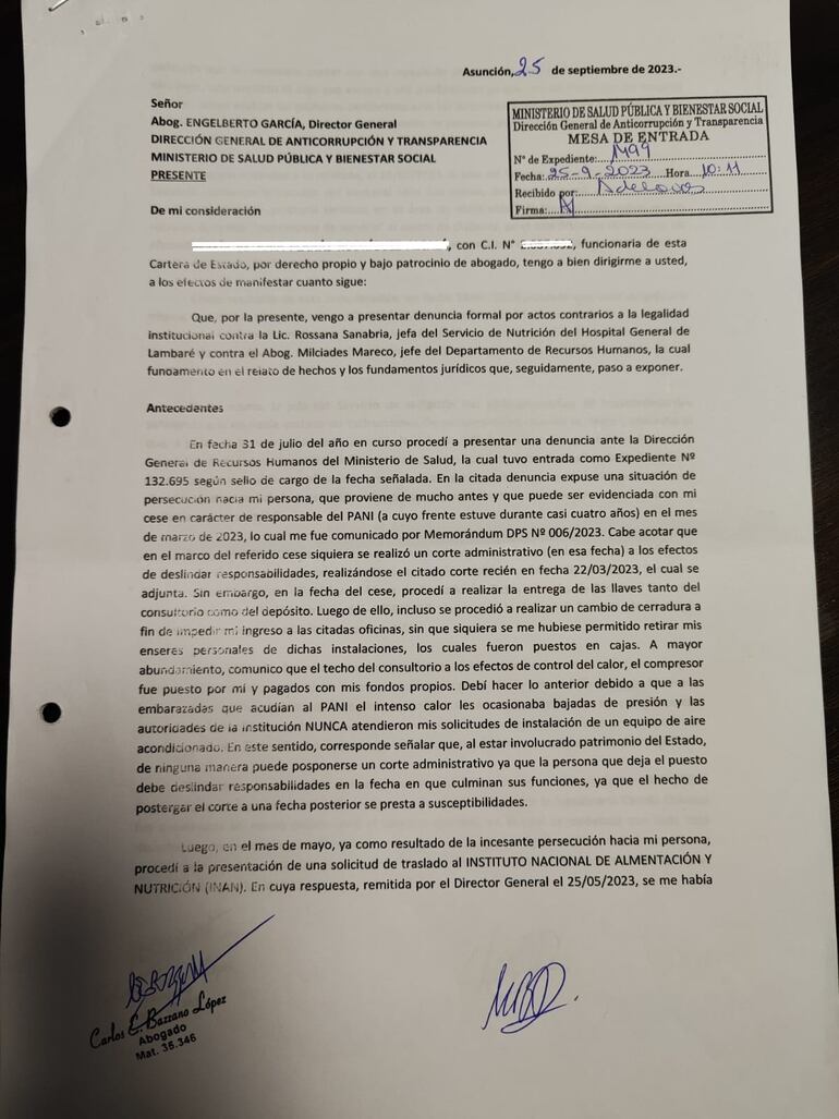 Denuncia presentada ante la Dirección General de Anticorrupción y Trasparencia de Salud Pública.