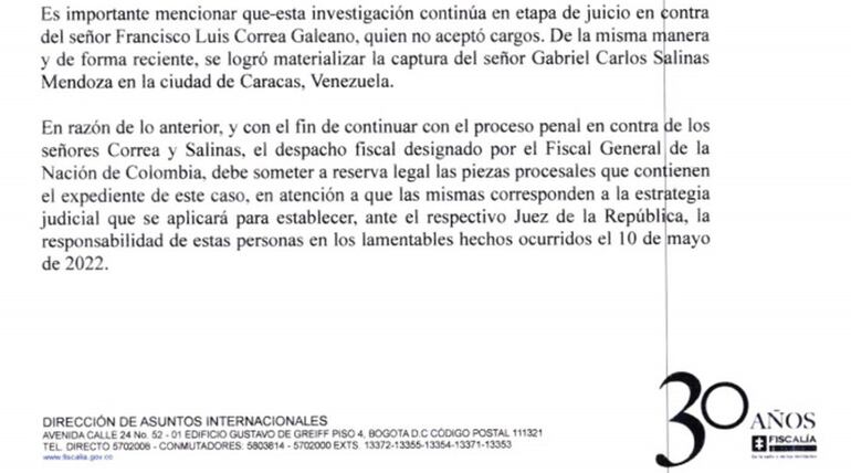 La Fiscalía colombiana envío un resumen con los principales resultados que ya tenían, en ese entonces, en la investigación en el caso Pecci. Se guardaron los datos sobre Correa Galeano.