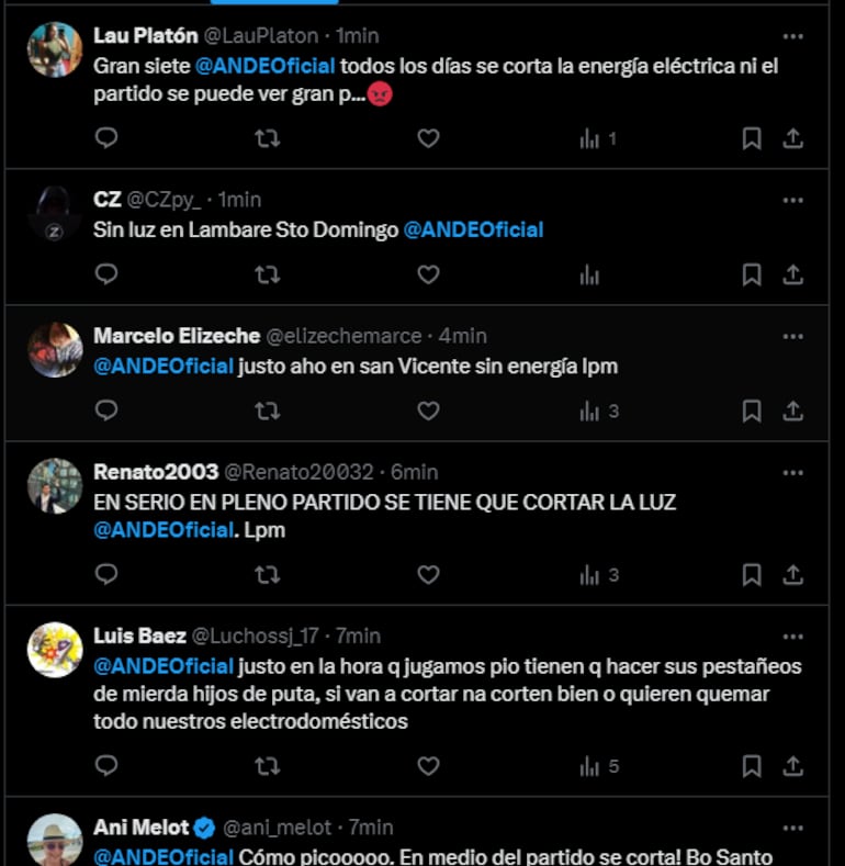 Tweet contra la ANDE por corte de luz durante el partido.