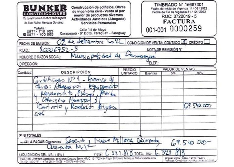 Una de las tantas facturas que observó la CGR y objetó porque no está la descripción del producto y precio unitario.