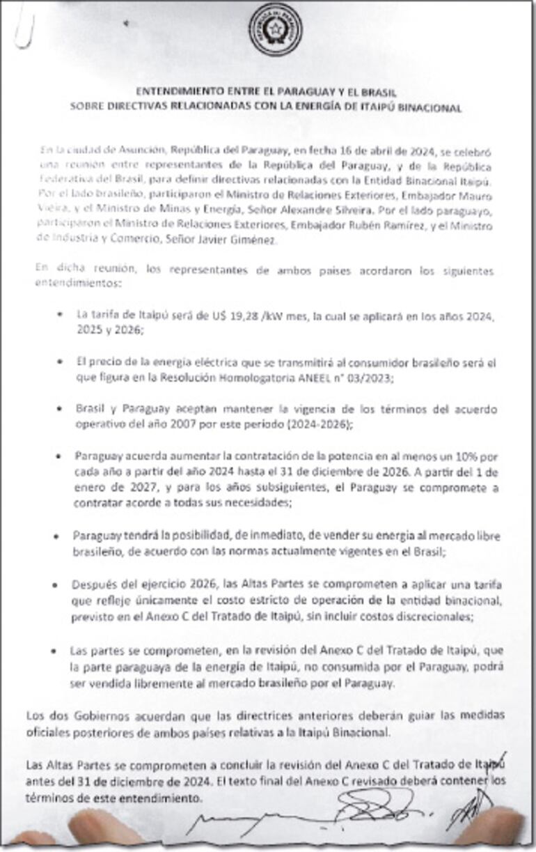 Texto del Entendimiento paraguayo-brasileño sobre Itaipú que dieron a conocer el jueves 9.