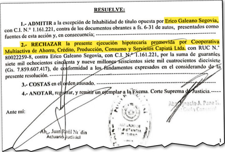 Parte de la Sentencia Definitiva Nº 431 firmada por el juez de J. Augusto Saldívar,  Ignacio Pane.