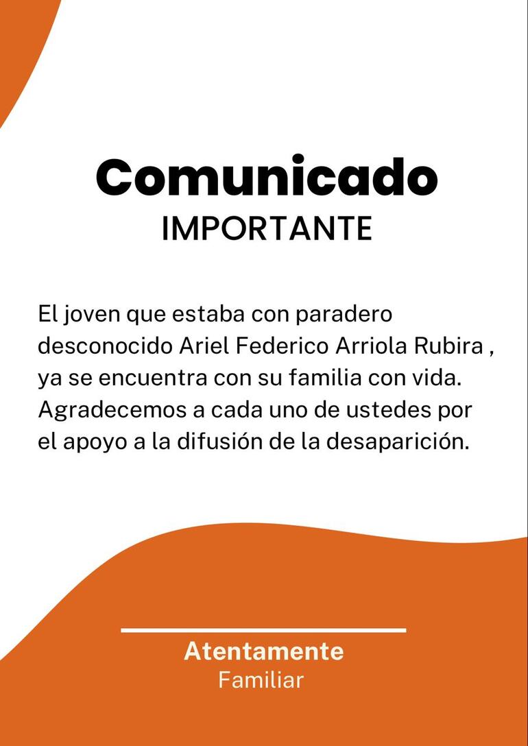 Comunicado de la familia de Ariel Federico Arriola Rubira.