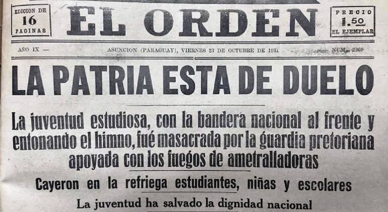 Titular del diario "El Orden" del mismo día de la masacre