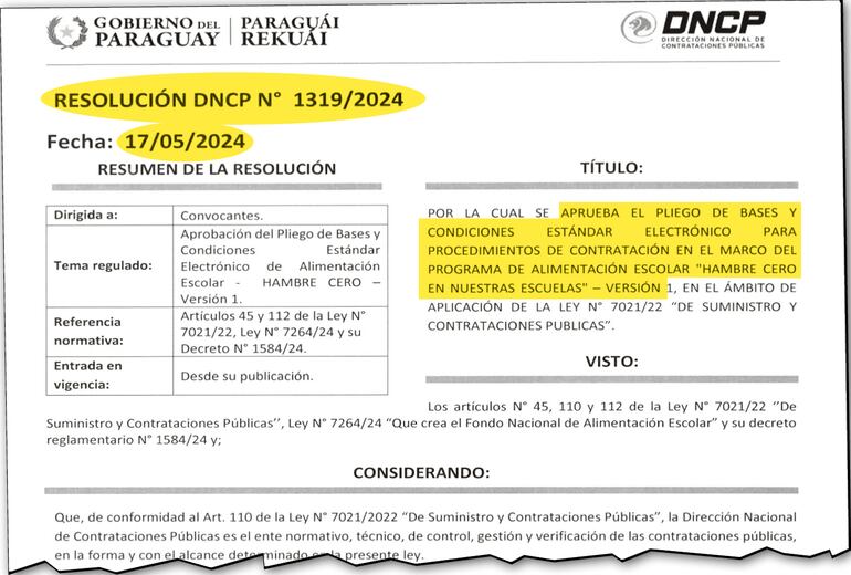 Facsímil de la resolución de Contrataciones Públicas con el cual se aprueba el pliego estándar para las licitaciones de Hambre Cero.