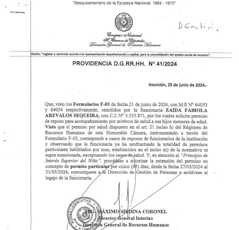 Nota donde le llaman la atención a Zaida Arévalos por pedir "reposo" no siendo ella la convaleciente y haber agotado sus días de permiso particular. Aún así le otorgaron el permiso.