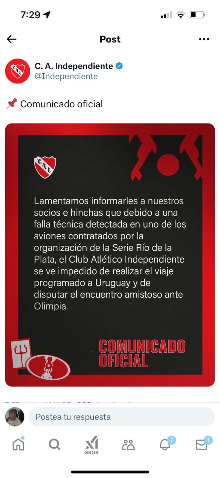 Comunicado de Independiente por la suspensión del juego ante Olimpia