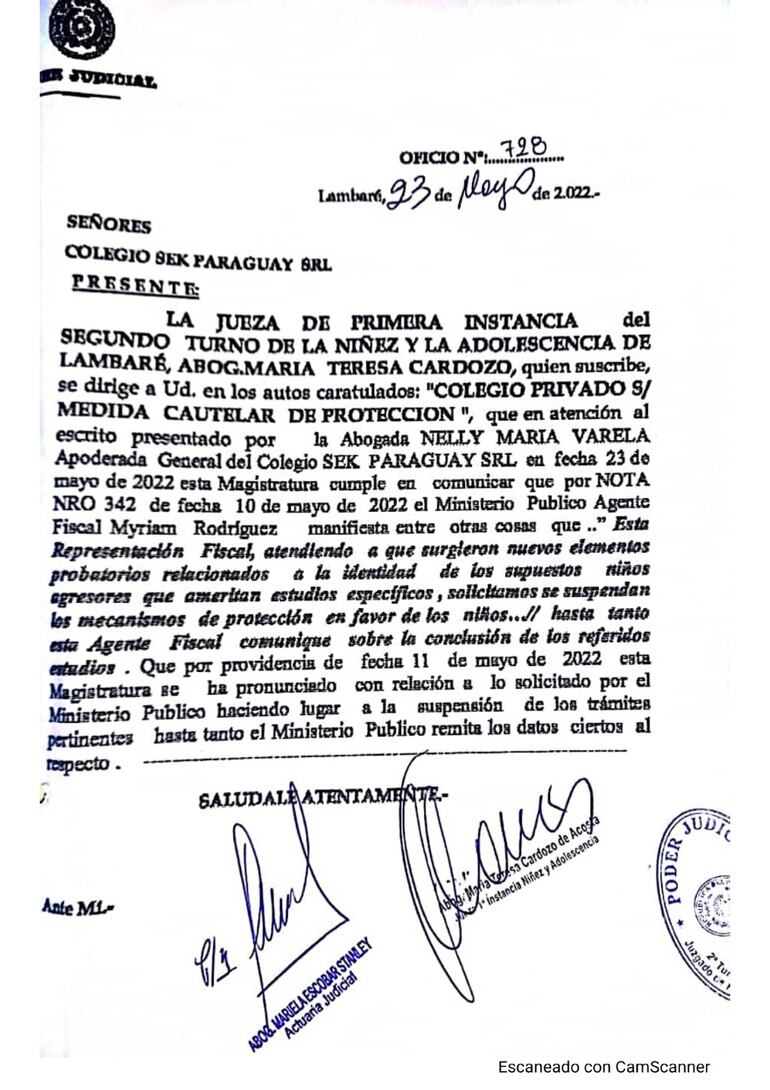 Oficio del juzgado de la niñez y adolescencia de Lambaré.