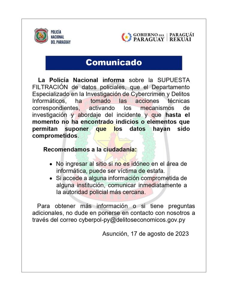 Comunicado de la Policía Nacional.