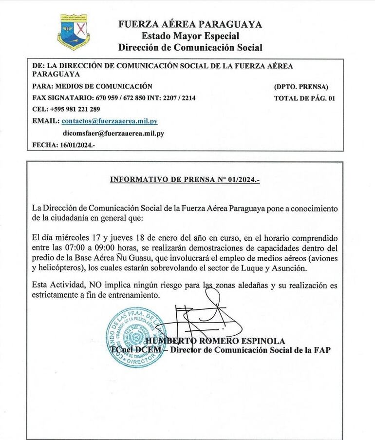 Comunicado de la Fuerza Aérea Paraguaya (FAP) por los sobrevuelos que harán el miércoles y jueves.