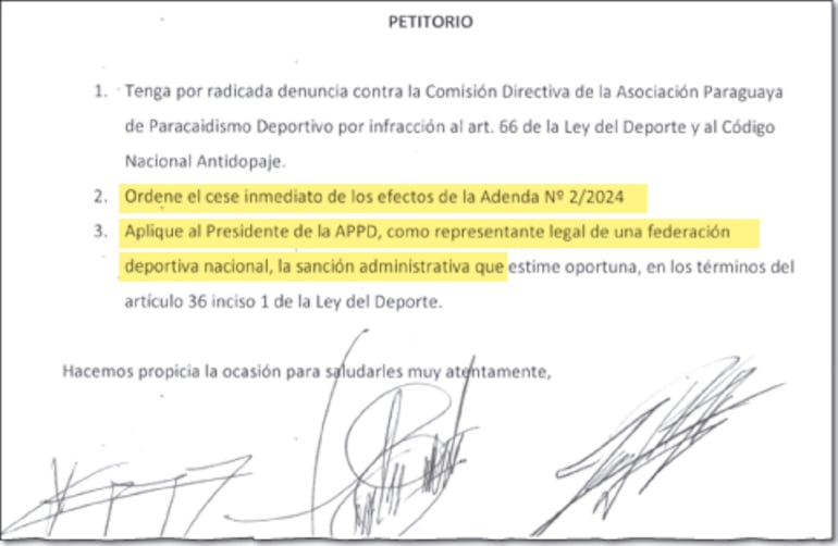 Nota remitida a la SND y firmada por Cartes Montaña en la cual se exige el CESE INMEDIATO de la adenda Nº 02/2024 de la APPD.