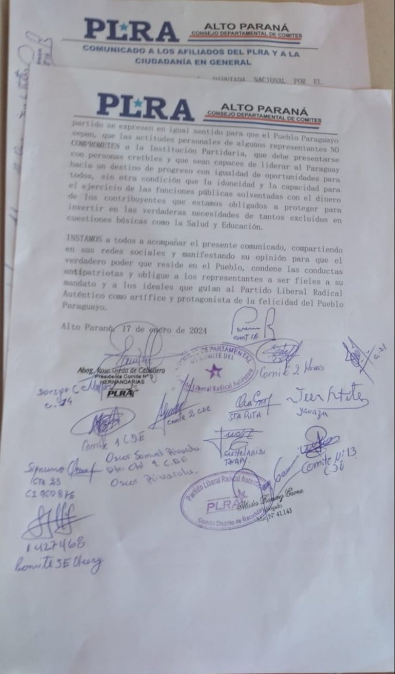 El comunicado del Consejo Departamental de Comités del PLRA lleva la firma de dirigentes de diferentes distritos de Alto Paraná.