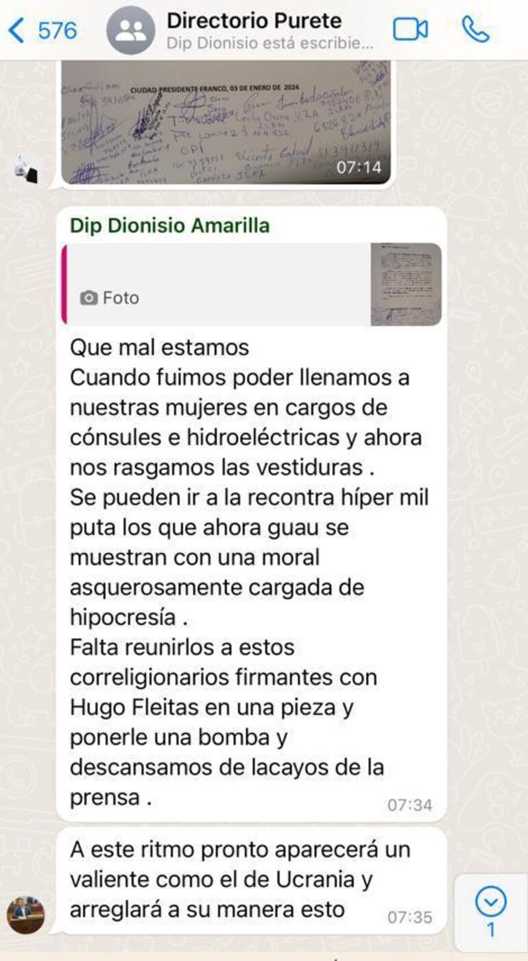 El mensaje de Dionisio Amarilla a sus correligionarios y al presidente del PLRA, Hugo Fleitas.