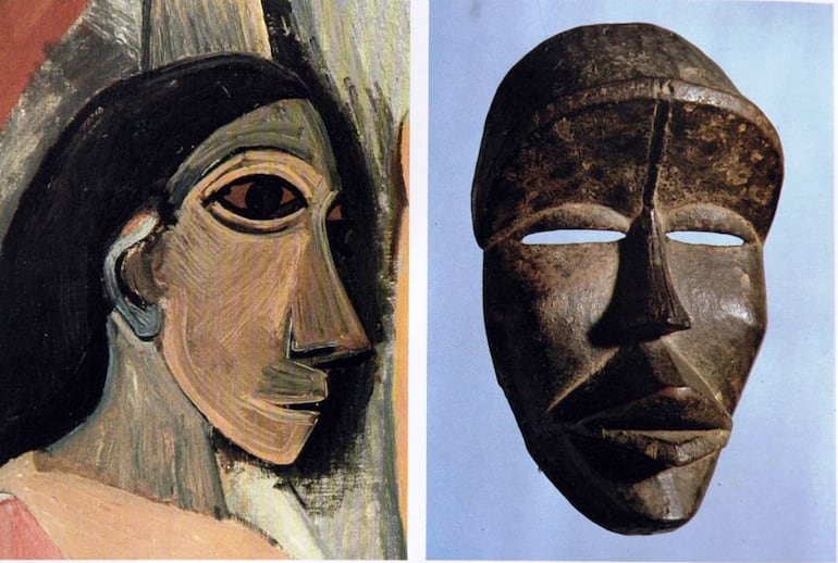 Izquierda: Detalle de Las señoritas de Aviñón, de Picasso / Derecha: Máscara africana de Costa de Marfil