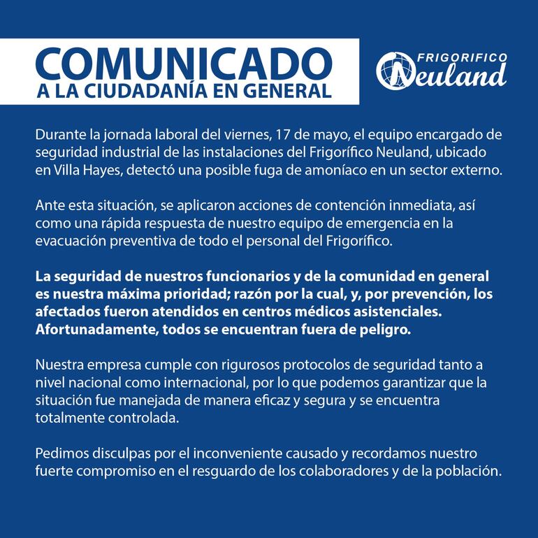 Comunicado oficial de frigorífico Neuland.