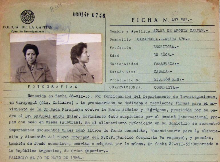 Ficha policial de Carmen Soler, 1955. Centro de Documentación y Archivo, Museo de la Justicia, Paraguay.