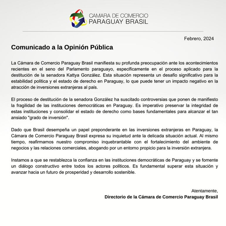 Comunicado de la Cámara de Comercio Paraguay Brasil.