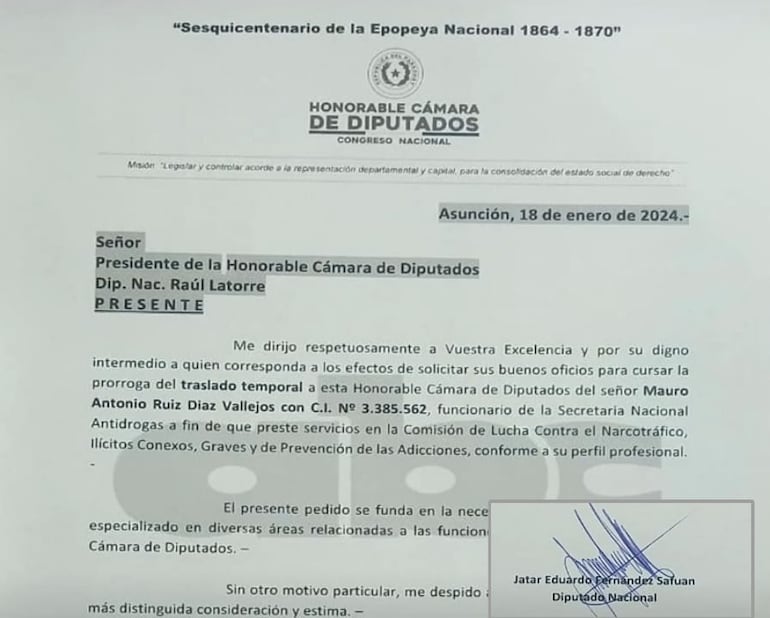 Dos notas con la firma del diputado Jatar "Oso" Fernández fueron remitidas al presidente Raúl Latorre solicitando la comisión de Mauro Ruiz Díaz Vallejos.