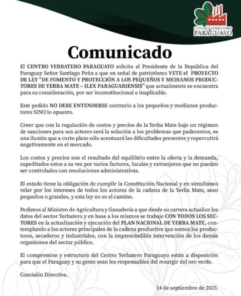 El Centro Yerbatero Paraguayo (CYP) pidió el veto a un proyecto de ley de fomento y protección a los pequeños productores de yerba mate.