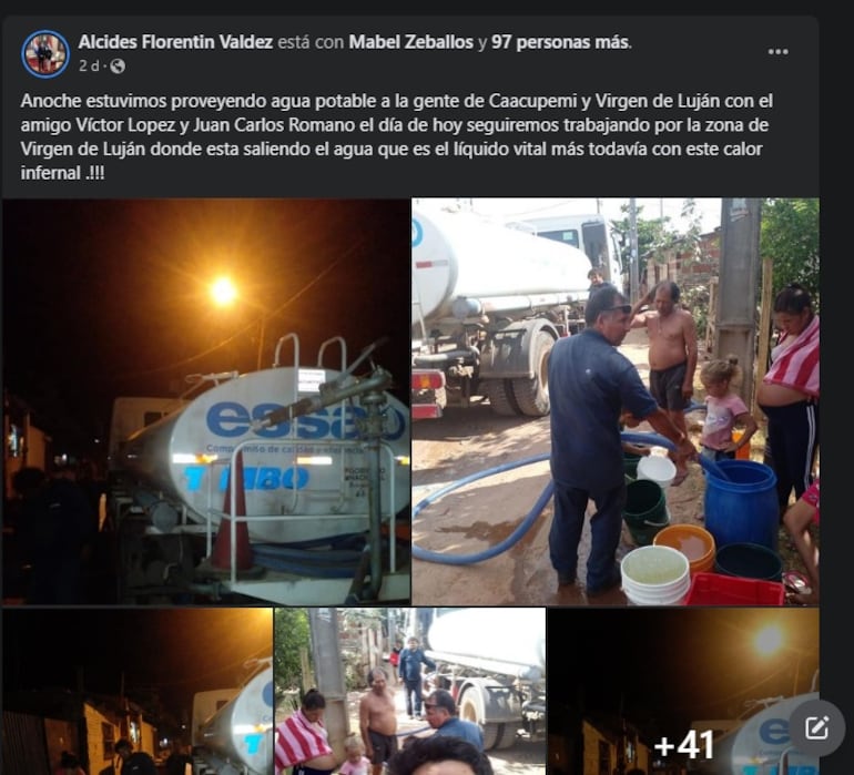 En publicaciones de Facebook, Alcides Florentín dice que “proveyó” agua y se ven camiones de la Essap.