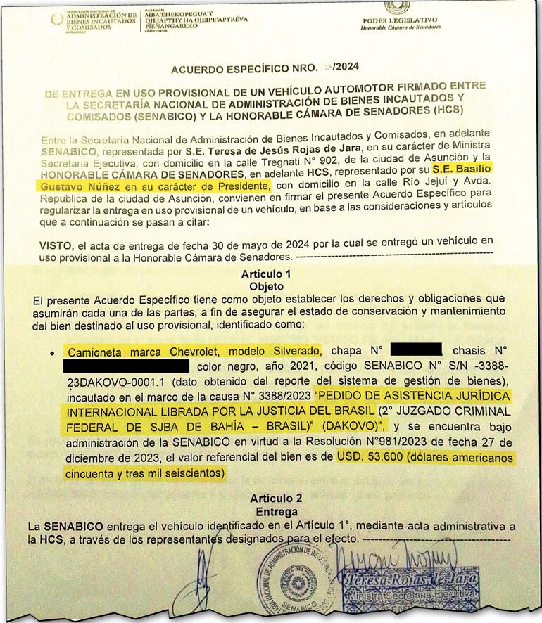 Uno de los artículos en el cual se detalla que el acuerdo es solo por la camioneta de Diego Dirisio.