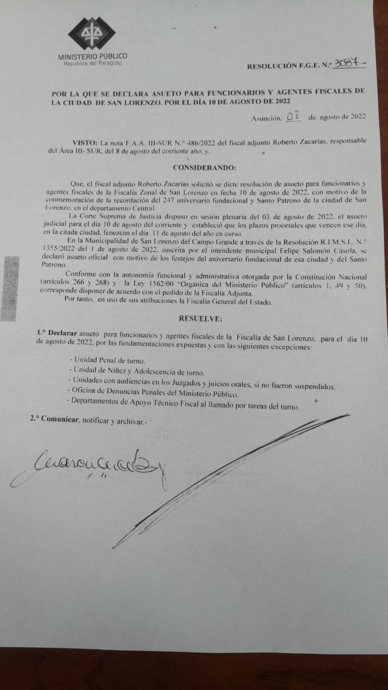 San Lorenzo Ara: mañana es asueto para funcionarios de la Fiscalía.