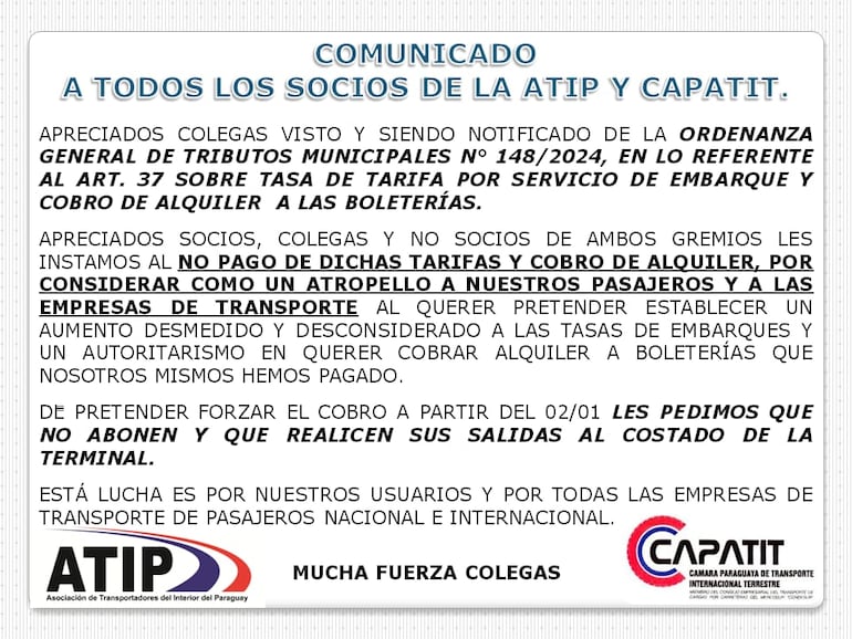 Comunicado de los gremios del transporte del interior e internacionales.