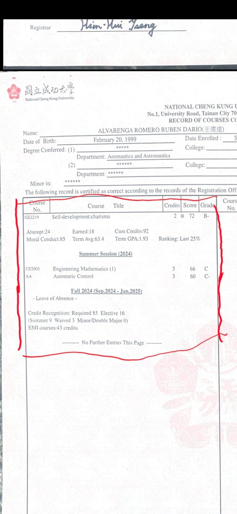 Supuesta libreta de calificaciones de Rubén Alvarenga donde se menciona que no cursó el segundo semestre de la carrera para venir al país.