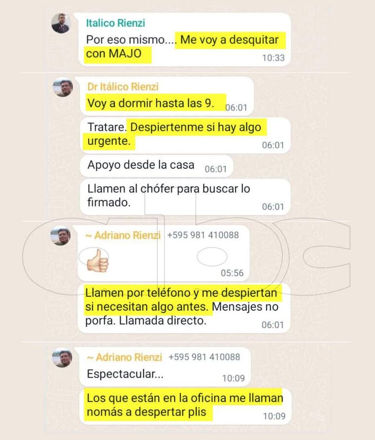 Mensajes del fiscal Itálico Rienzi en el grupo de Whatsapp de la fiscalía de Fernando de la Mora.