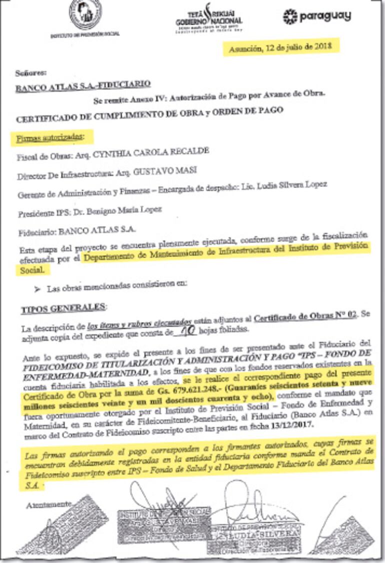 Firmas autorizadas para uno de los certificados. Adjuntas estaban la fiscalización y autorización.