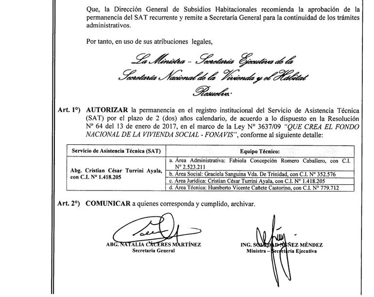 Facsímil de la Resolución N° 1093 de Senavitat que habilitaba a César Turrini como proveedor del Fonavis. Desde entonces, ya no renovó su registro pero siguió recibiendo transferencias con el ministro Dany Durand, denunció Contraloría.