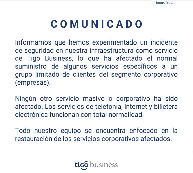 Comunicado emitido por Tigo tras los reportes de inconvenientes técnicos.