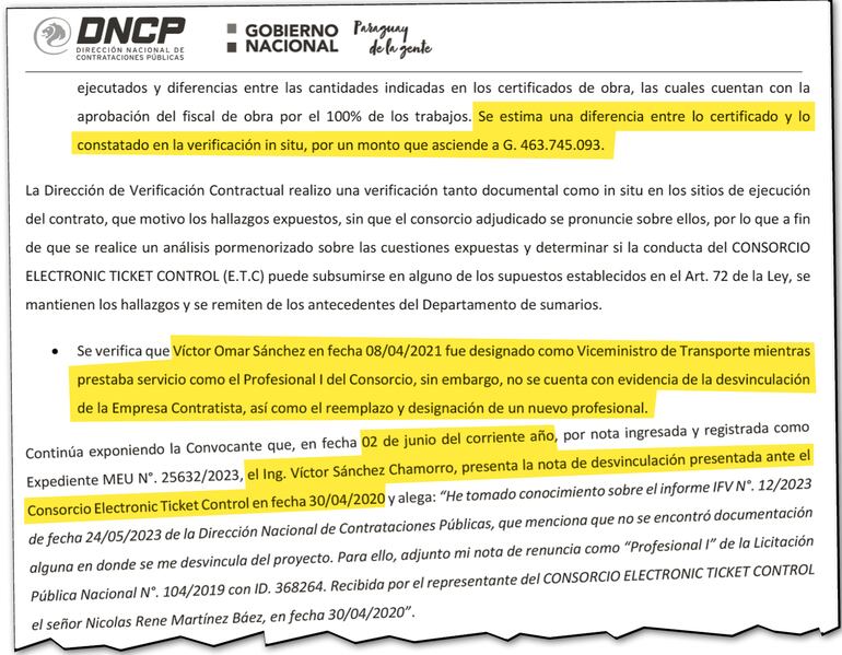 Facsímil de la conclusión de la investigación de oficio en la cual se reporte que Víctor Sánchez había renunciado como asesor de una proveedora de Transporte, antes de asumir al cargo.