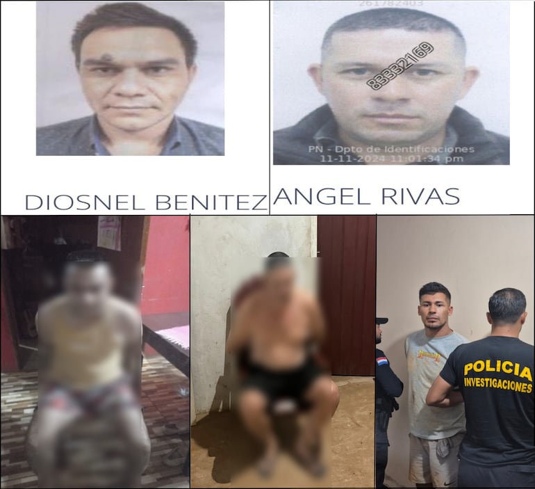 Los tres detenidos este martes por asalto a Bancop en Naranjal, en los allanamientos en Caazapá. Arriba: las fotografías de la base de datos de la Policía de dos de los hoy capturados. Abajo: las imágenes tomadas hoy de los tres presuntos delincuentes.