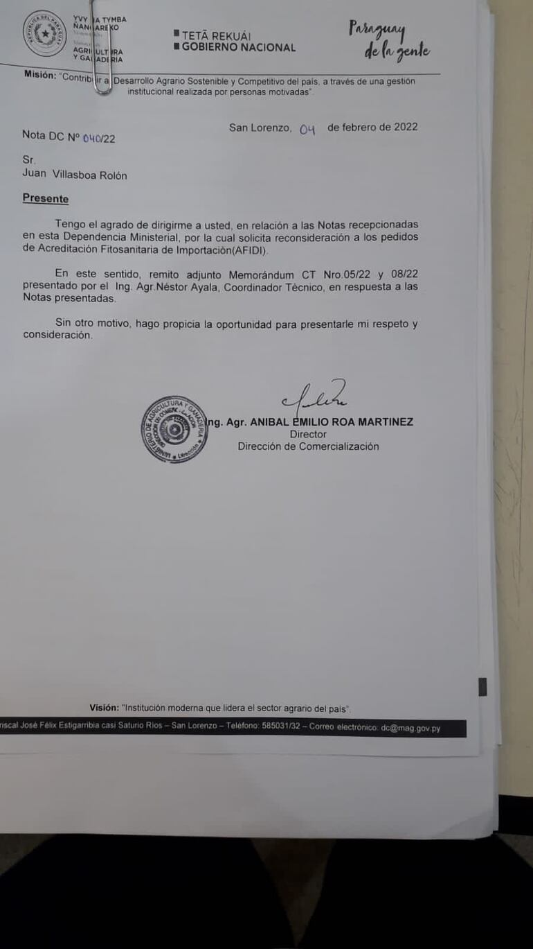 Nota de respuesta a un importador que lleva la firma de Anibal Roa, supuestamente removido de su cargo un mes antes de firmar este documento. (gentileza).