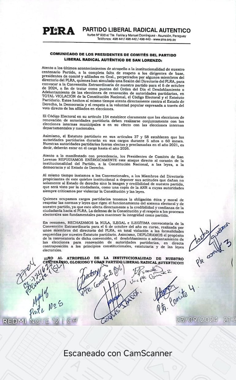 Comunicado de presidentes de comités del PLRA de San Lorenzo.