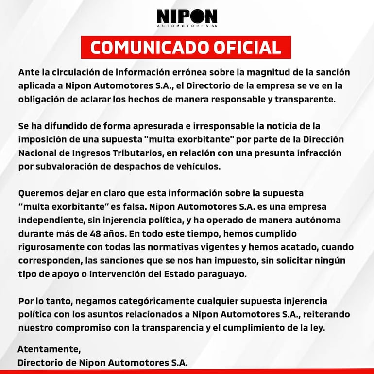 Comunicado previo emitido por Nipon Automotores, una de las empresas de la diputada Virina Villanueva.