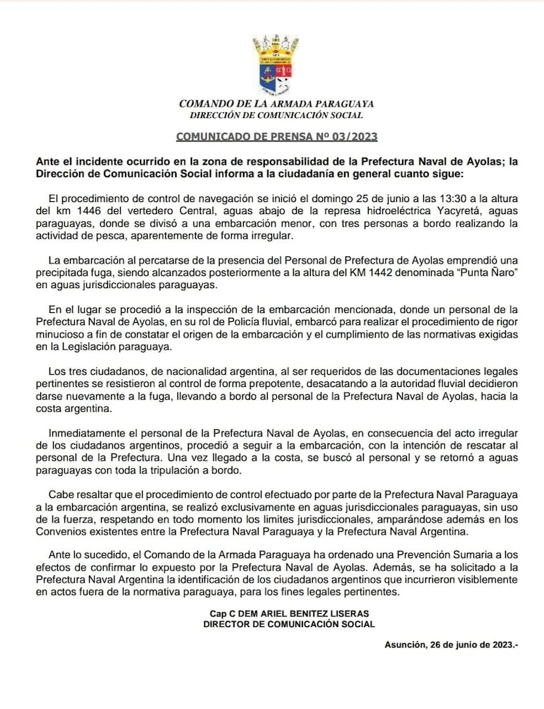 Comunicado de la Armada Paraguaya sobre el incidente en aguas del río Paraná.