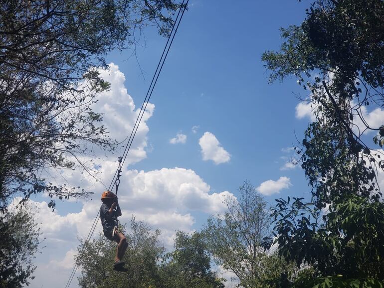 Imagen ilustrativa: un niño se desliza en tirolesa entre las copas de los árboles en Nueva Alborada, Itapúa.