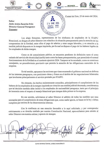 Nota enviada por los sindicatos al director paraguayo de Itaipú, Justo Zacarías Irún.