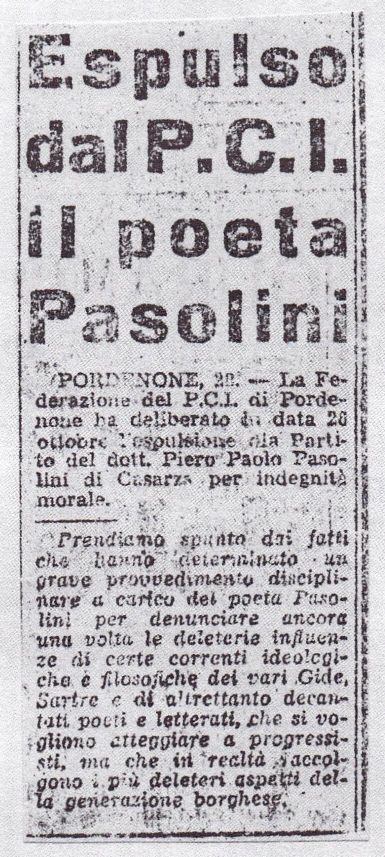 L’Unità, 29 de octubre de 1949: "Expulsado del PCI el poeta Pasolini".