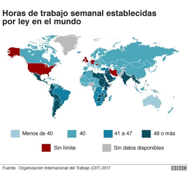 El senador afirmó que su proyecto de ley se basa en este gráfico que muestra el horario laboral en el mundo.