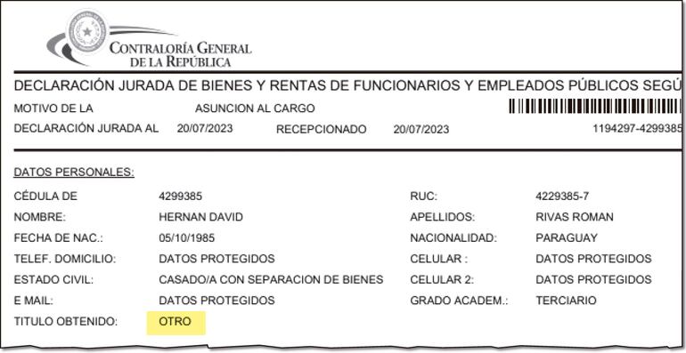 Todas las declaraciones juradas (DD.JJ.) del presidente del JEM. En ninguna aparece su cuestionado certificado de profesional del derecho. El senador dijo que se recibió en el 2015, pero hay dudas.