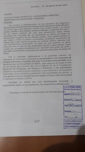 Nota remitida al ministro de educación, Luis Ramírez, por docentes que ocupan cargos interinos en todo el país.