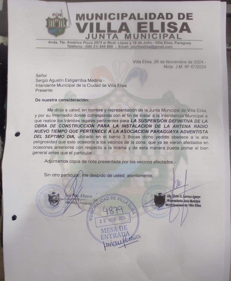 La Junta Municipal de Villa Elisa apoya pedido de vecinos de traslado de antena de radio, porque representa un peligro para los moradores.